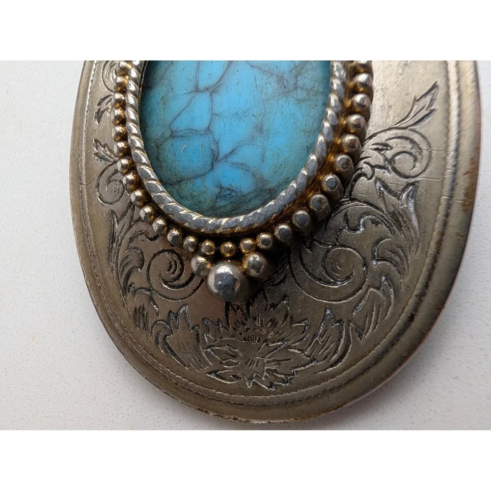 Vintage Western Belt Buckle Faux Turquoise Oval Floral Engraved Silver Tone